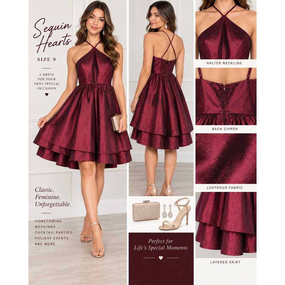 Sequin Hearts Burgundy Halter Cocktail Dress Juniors 9 Fit Flare Homecoming Prom